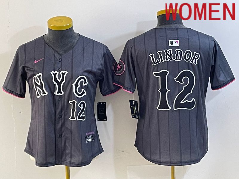 Women New York Mets #12 Lindor Black City Edition 2024 Nike MLB Jersey style 6